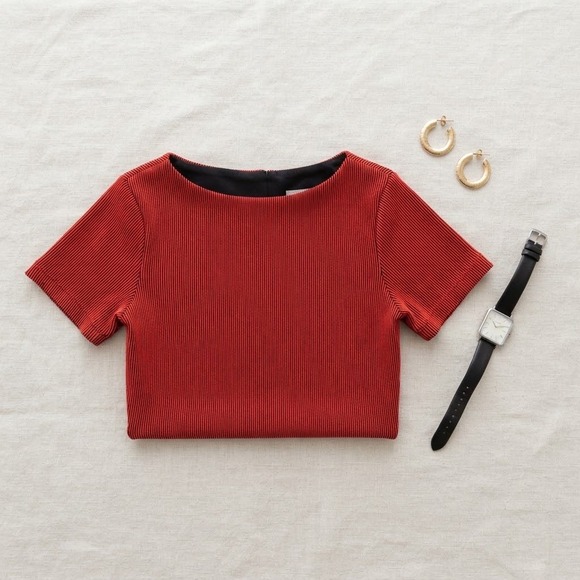 ONEONE Swim Other - ONEONE Swim Crop Top Women S Red Ribbed Boat Neck Short Sleeve Athletic Beach